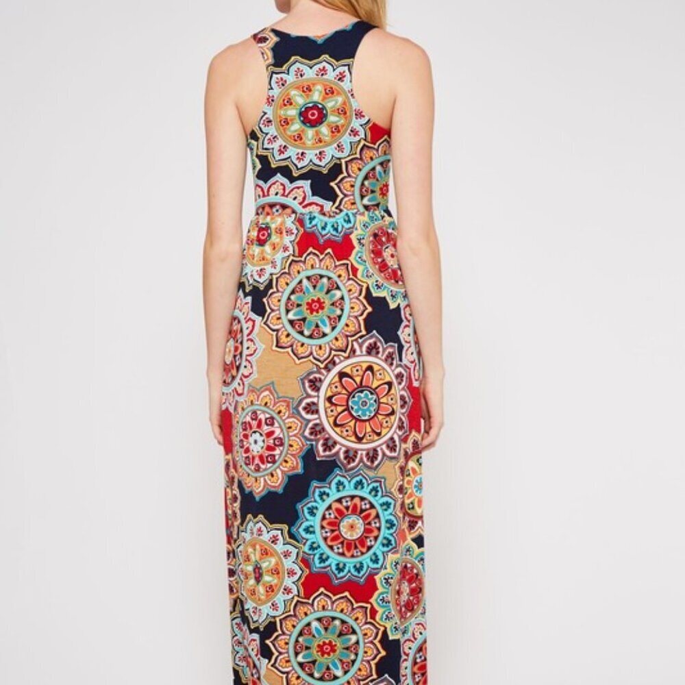 Bohemian Racer-Back Tank Multi-color Navy Red Flower Medallion Maxi Dress XL - Picture 10 of 12